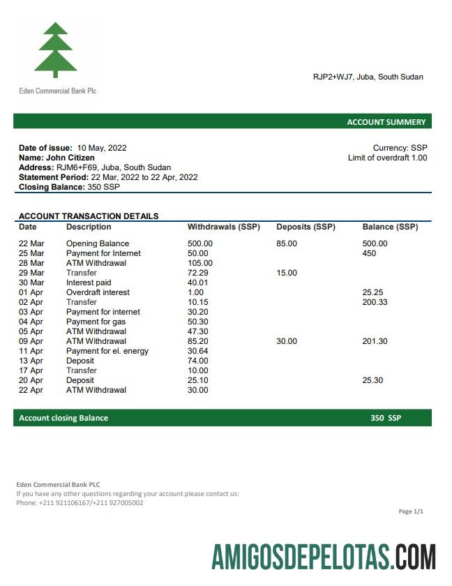 South Sudan Eden Commercial modelo de extrato bancário
